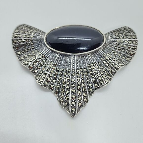 Vintage Judith Jack Art Deco Style Large Black Onyx & Marcasites Sterling Silver - Picture 2 of 10